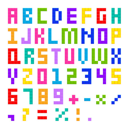 ABC digital type colorful, blocks geometric pixel font, brick alphabet for child, letter funのイラスト素材