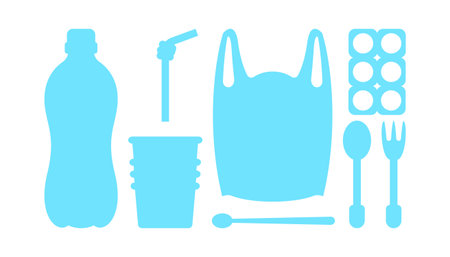 icons of single-use plastic items symbolizing plastic waste. perfect for plastic waste awareness, plastic waste pollution, and environmental conceptsのイラスト素材