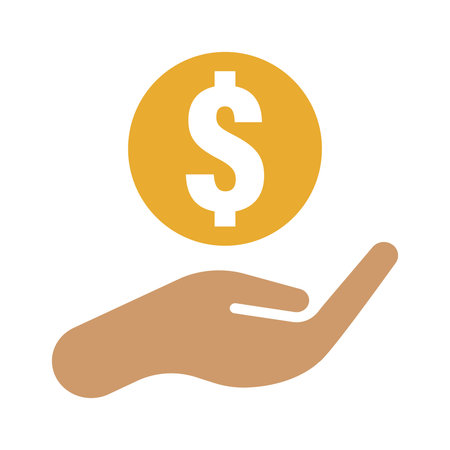 Dollar coin flat icon on hand, symbolizing saving and profit. Dollar coin represents income and investment. Dollar coin is perfect for business, finance, and wealth design projectsのイラスト素材