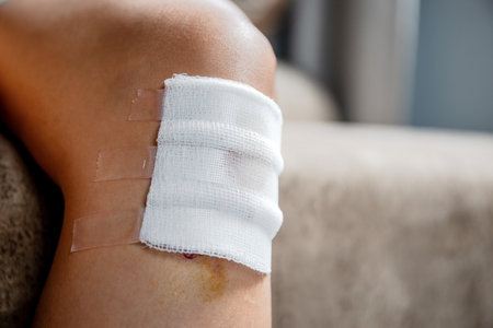 knee wound, close-up, injured knee with gauze and medical tape after first aid treatment, illustrating wound care, injury recovery, and health awarenessの写真素材