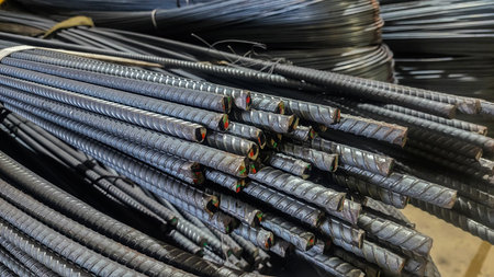 Steel Rebar for Construction Industry, Stacked steel rebar with ribbed texture used in concrete...