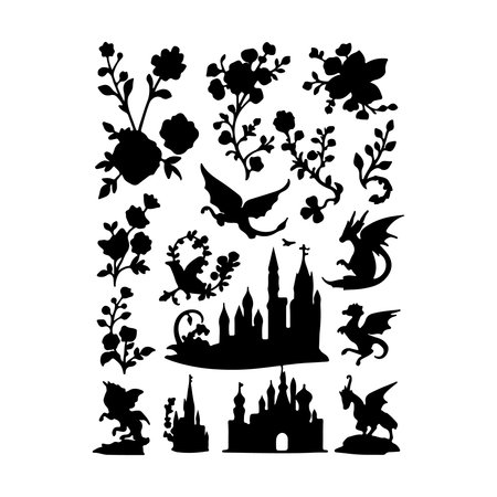 Silhouettes of castles, flowers and birds. Vector illustration.のイラスト素材