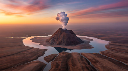 An aerial view of an active volcano erupting, sending a large smoke plume into the colorful sunset sky, surrounded by water and barren land.の写真素材