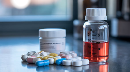 A collection of colorful pills and capsules are scattered around two medical bottles, one containing...