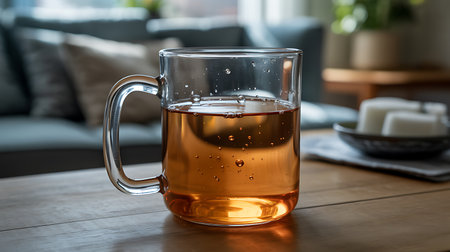 A glass mug filled with amber liquid and small bubbles sits on a wooden table, with a blurred sofa and plants in the background.の写真素材