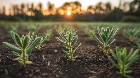 Close-up of young green plants growing in dark soil, with a blurred sunrise in the background.の写真素材