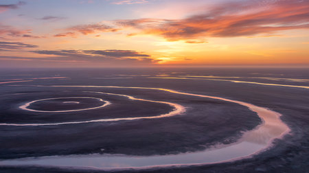 Sunset over the lake. Beautiful natural landscape. View from above.の写真素材