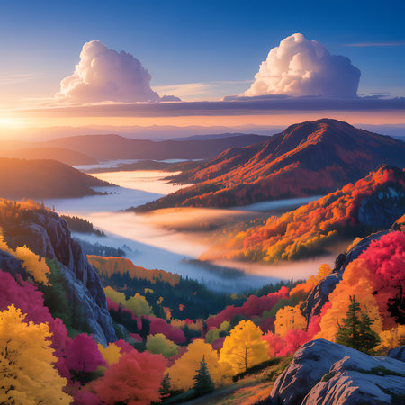A breathtaking mountain valley bathed in the golden light of sunrise, with colorful autumn foliage and a blanket of fog filling the lower elevations.の写真素材