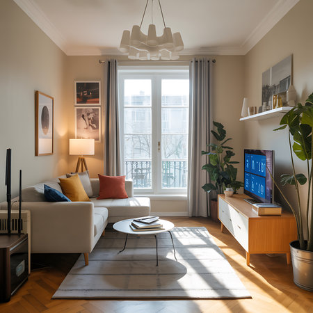 A bright and airy modern living room with a comfortable sectional sofa, a wooden coffee table, and a large window letting in natural light.の写真素材