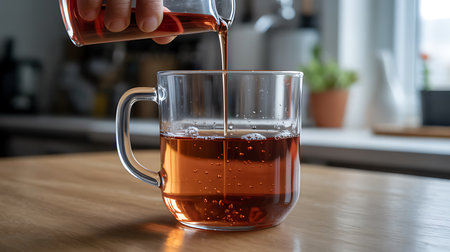 Amber-colored liquid is being poured from a small glass pitcher into a clear glass mug, creating bubbles. The background is softly blurred.の写真素材