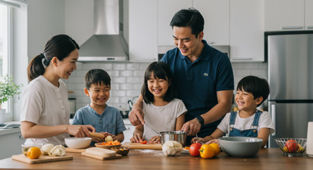 A family preparing food showing asian family cooking together in modern kitchen, laughing and preparing dinnerの素材