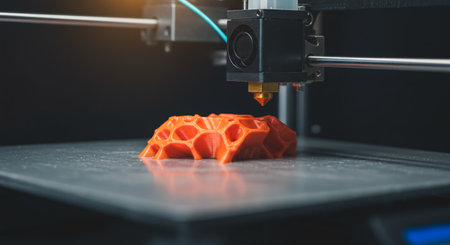 A 3d printer with a piece of orange plastic showing close-up of 3d printer creating prototype model with visible filament extrusionの素材