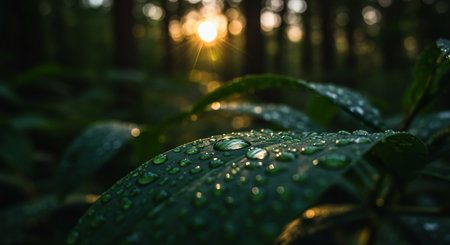 A close up of a leaf with water droplets showing cinematic macro shot of raindrops on green leaves in forestの素材