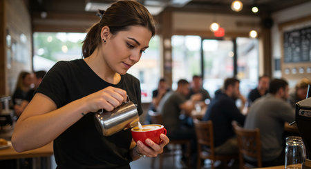 A woman is pouring a cup of coffee showing a barista making latte art in a bustling coffee shop, with customers chatting in the backgroundの素材