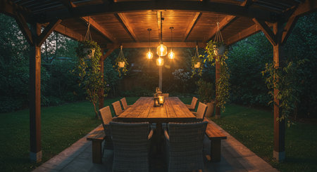 A wooden table and chairs under a wooden gauze showing outdoor dining area with wooden table, canopy roof, and pendant lightsの素材
