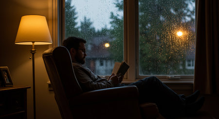 A man sitting in a chair showing a cozy rainy evening with raindrops on a window, warm light inside, and a person reading by the windowの素材