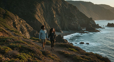 A couple walking along the ocean showing a couple hiking along a rugged coastal trail with cliffs and waves crashing belowの素材