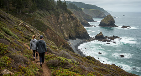 A person walking down a trail near the ocean showing a couple hiking along a rugged coastal trail with cliffs and waves crashing belowの素材