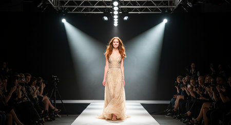 A woman in a dress walking down a runway showing a fashion model walking on a runway under flashing cameras and spotlightsの素材