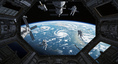 A view of the earth from a space station showing a futuristic space station orbiting earth, with astronauts floating near large glass windows showing the planetの素材