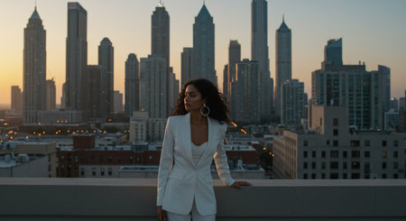 A woman in a white suit standing on a rooftop showing a fashion model posing on a rooftop with city skyscrapers in the backgroundの素材
