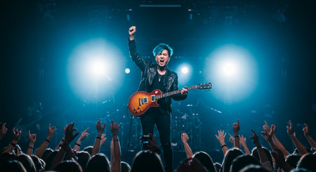 A man with a guitar in front of a crowd showing a musician performing live on stage with a cheering crowd and dramatic spotlightsの素材