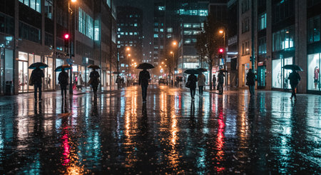 A group of people walking down a wet street showing a rainy street scene with reflections of city lights on puddles, people with umbrellasの素材
