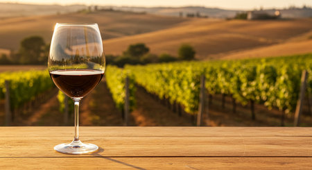 A glass of wine sitting on a wooden table showing a glass of red wine on a wooden table with vineyard hills in the backgroundの素材