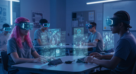 A group of people sitting at a table with virtual glasses showing a futuristic classroom where students wear ar headsets for immersive learningの素材