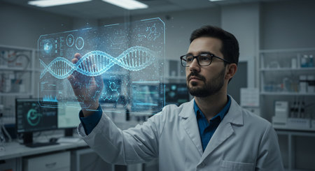 A man in a lab looking at a digital screen showing a scientist observing a holographic projection of dna strands in a research facilityの素材