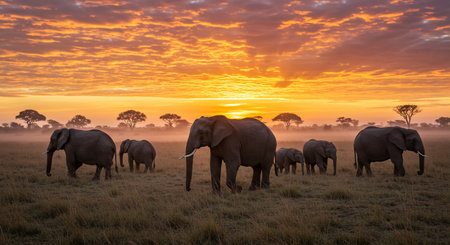 A group of elephants standing in a field showing a safari scene with elephants walking across a savannah at sunriseの素材
