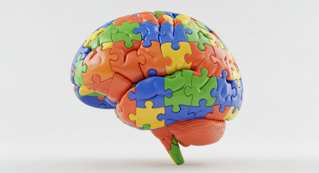 A colorful puzzle brain on a white background showing a human brain made of colorful puzzle pieces, symbolizing mental health and creativity, on whiteの素材