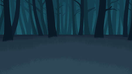 forest landscape flat color illustration at night timeのイラスト素材