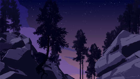mountain forest landscape flat color illustration in the morningのイラスト素材