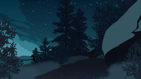 mountain forest landscape flat color illustration at night timeのイラスト素材