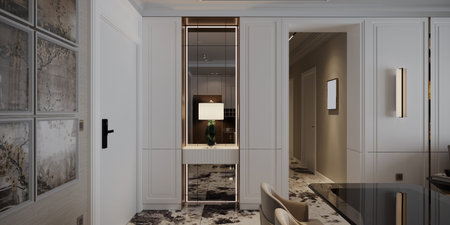 Home entry lobby design with a complete furniture and wooden soft color design