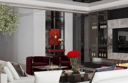 Living room interior with sofa and chair arrangements after entry lobby interior design