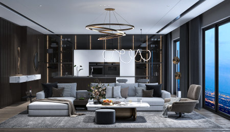 3d rendering modern bright interiors Living room mockup imageの写真素材