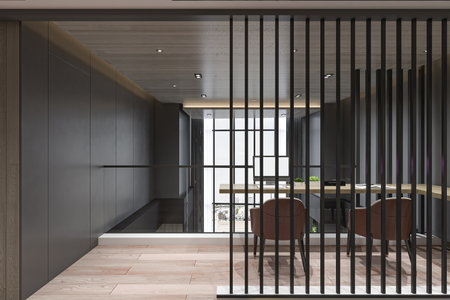 Duplex house reading space and interior wall with chair and tableの写真素材