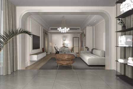 3d rendering of living room and dining room in modern house.