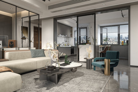 Creating a Warm and Inviting Space Stylish Living Room Interior Design with a Craft Wooden furniture setupの写真素材