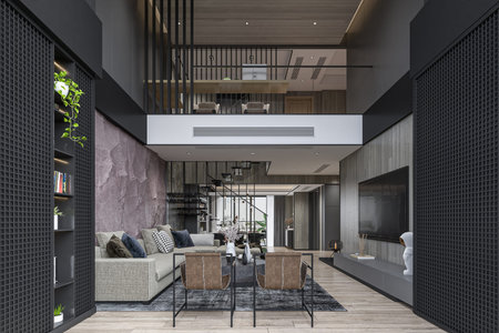 Industrial Chic at its Finest Stylish Living Room Interior Design in a Loft with 3D Render
