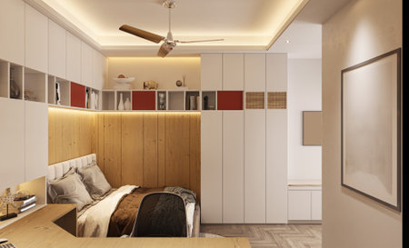 3d rendering of a modern bedroom in a loft with wooden wallsの写真素材