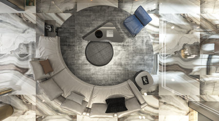 living room Modern Living Room with White and Gray Sofa, Chair, Table, and TV Theaterの写真素材