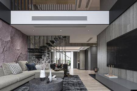 The Power of Contrast Industrial Style Living Room Interior in a Loft with 3D Renderの写真素材