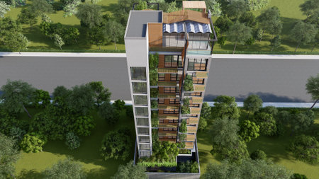 Residential Building roadside with top sky view glass oriented house developmentの写真素材