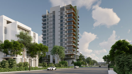 Vertical Marvels Multi-Storied Building Designs in 3D Renderの写真素材