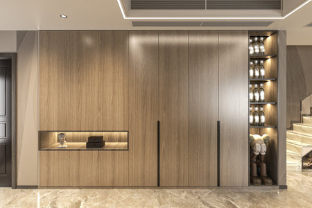 Stylish and botany interior of dining room with design craft wooden table, chairs, poster map and elegant accessories in modern home decor.の写真素材