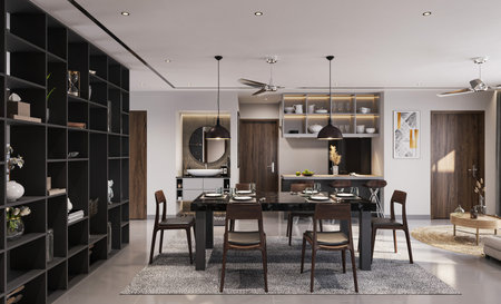 Creating a Cozy Dining Space Luxury Interior Design with Craft Wooden Table and Comfortable Chairs