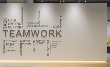 3d rendering of modern office interior with team word cloud on wallの写真素材